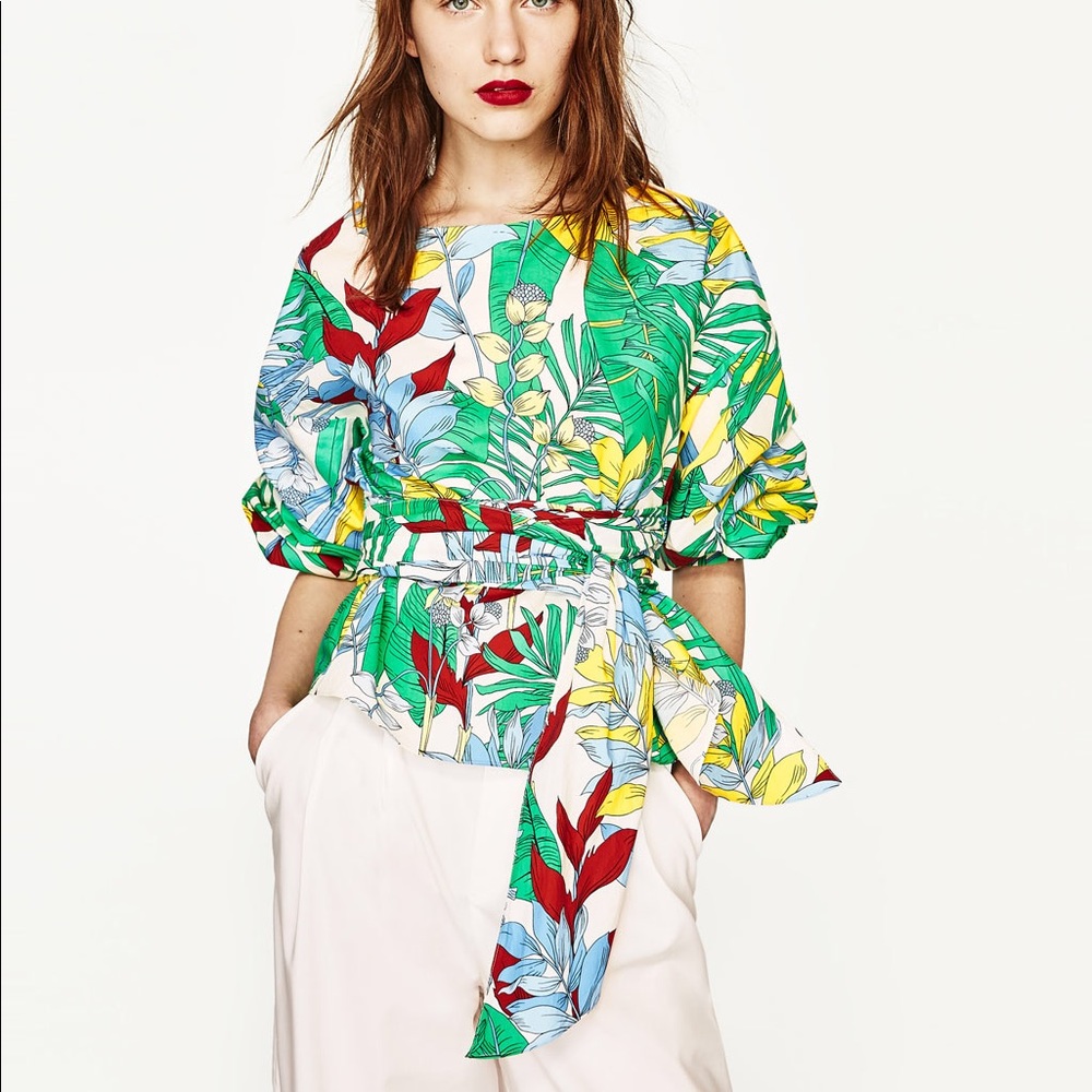 Zara tropical print wrap blouse